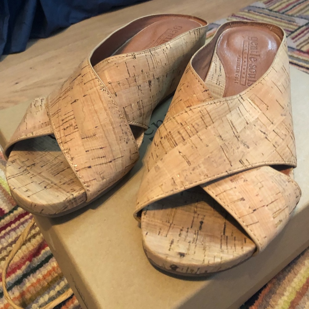 Gentle Souls Gianna x-band slide, 8.5 medium cork slip-on low wedge sandals